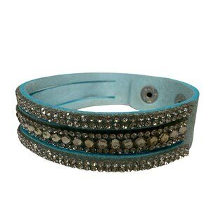 Stylish Light Blue Faux Leather Crystal Wrap Bracelet Snap Closure Sparkly